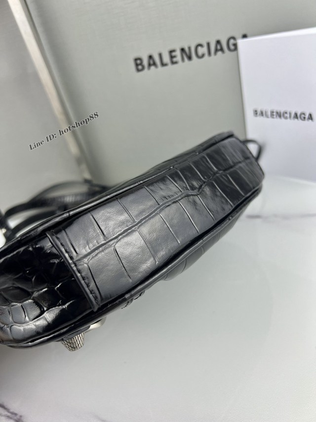 Balenciaga專櫃爆款Le Cagole單肩斜挎包機車包 巴黎世家迷你鱷魚紋黑色銀扣半月牙腋下包 fyj1175